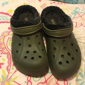 Army green fuzzy crocs